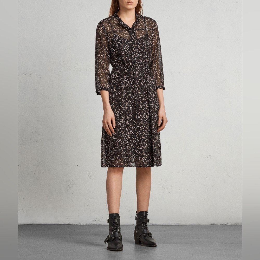 AllSaints Black Floral Midi Shirt Dress
